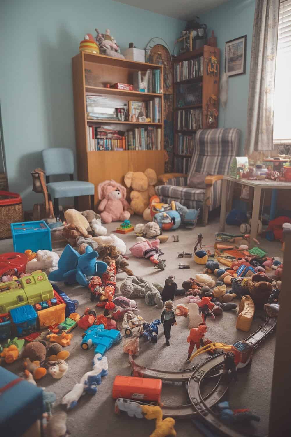 A cluttered room filled with various toys and stuffed animals scattered on the floor.