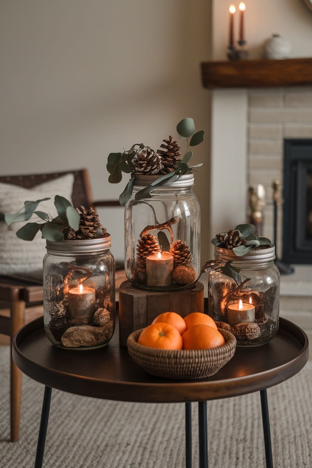 Mason jar candle holders with pinecones and candles on a table.