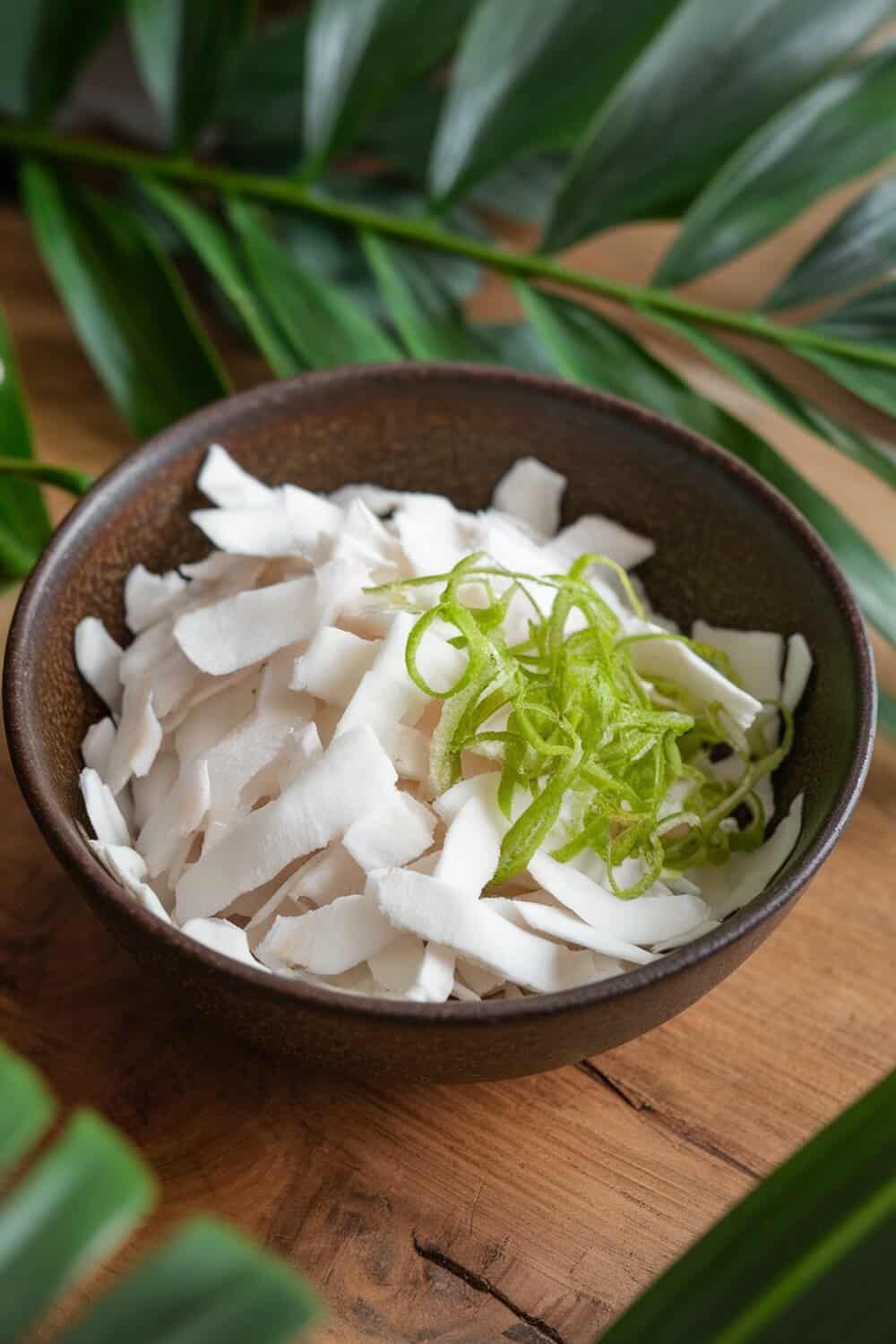 Bowl of shredded coconut with lime zest on a wooden surface