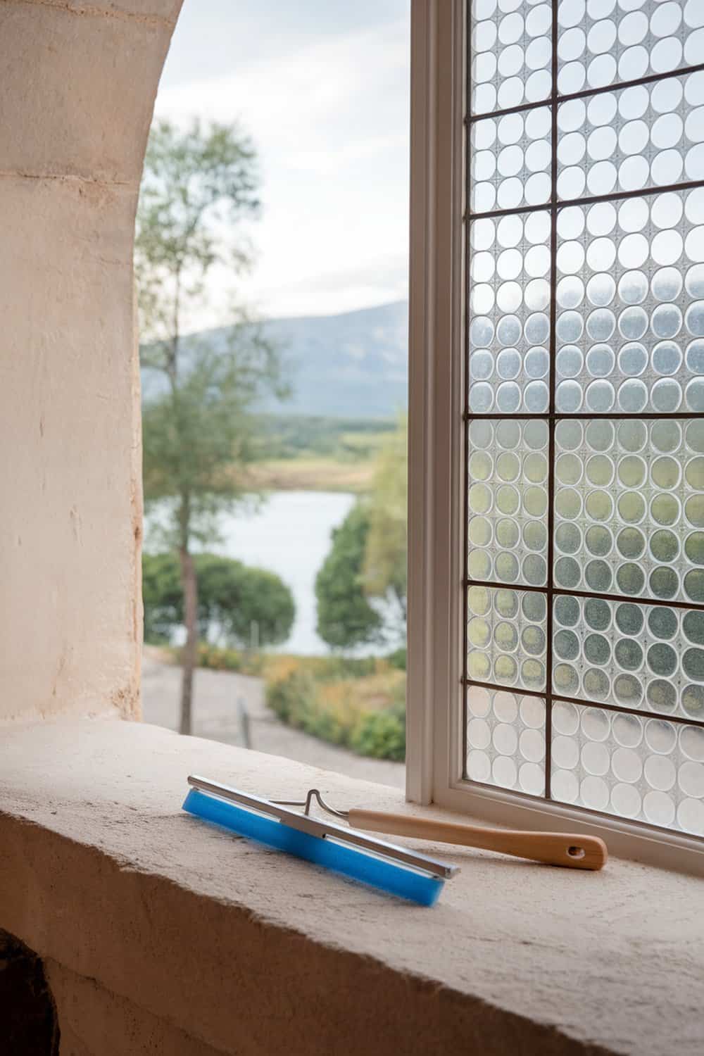 A blue window squeegee resting on a stone windowsill with a scenic view outside.