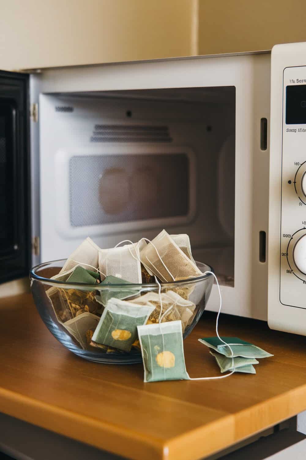 A bowl filled with used tea bags placed near an open microwave.
