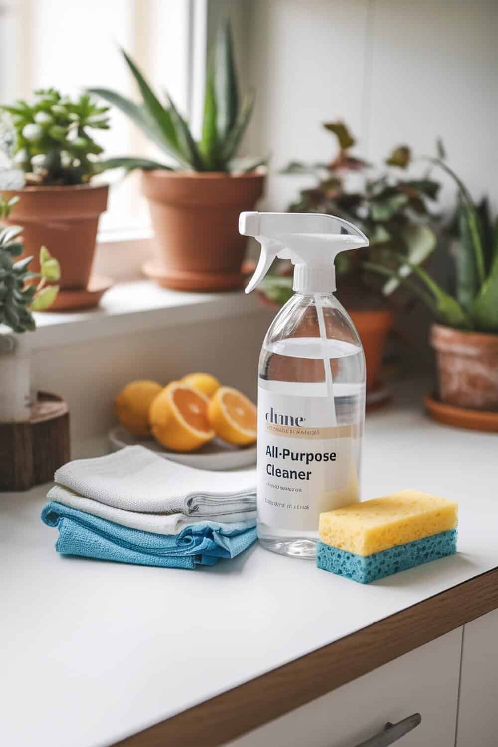 A bottle of all-purpose cleaner on a kitchen counter with cleaning cloths and sponges.