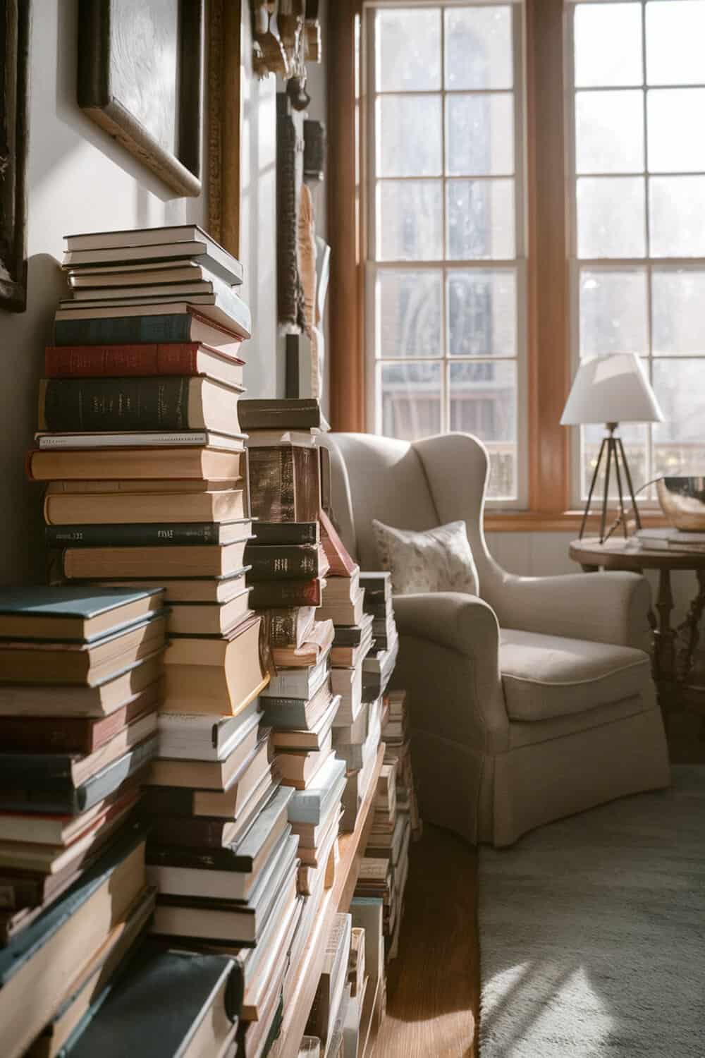 A cozy reading nook with a stack of books beside a comfortable chair and a window.