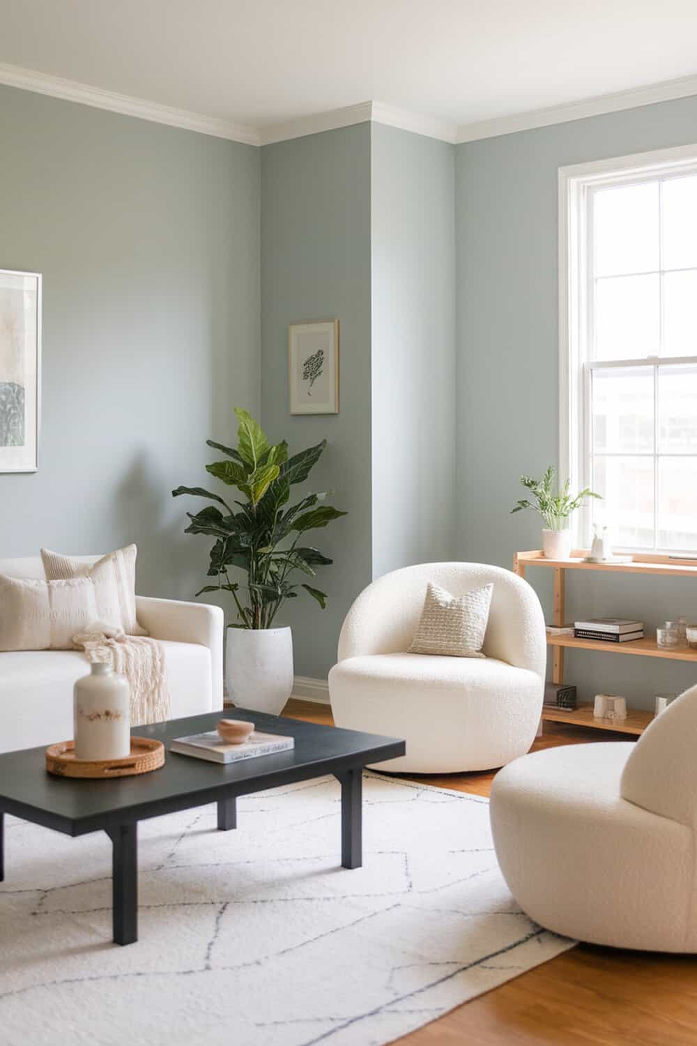 A tidy living room with a light blue wall, cozy furniture, and plants.