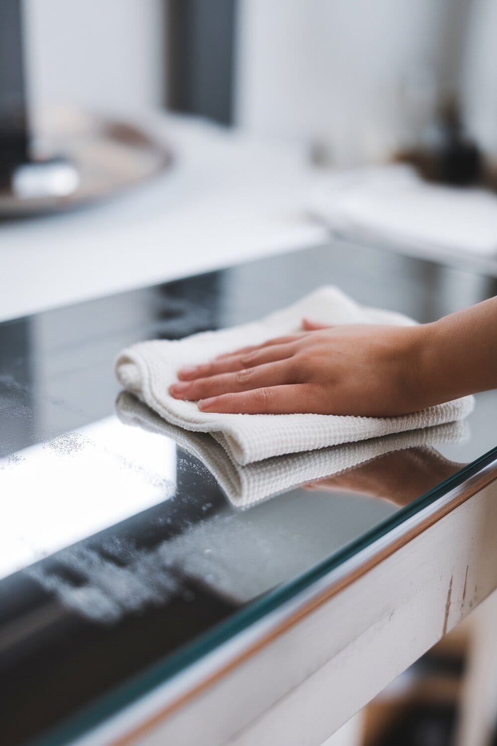 A hand using a microfiber cloth to clean a shiny surface.