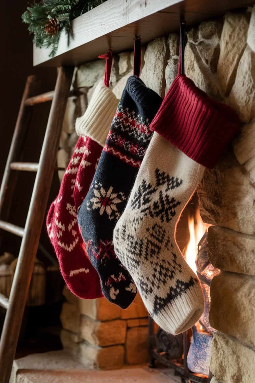 Three colorful repurposed sweater stockings hanging by a fireplace.