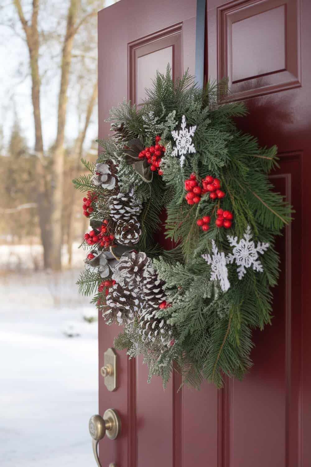A winter wreath with pine, red berries, and snowflakes hanging on a red door.
