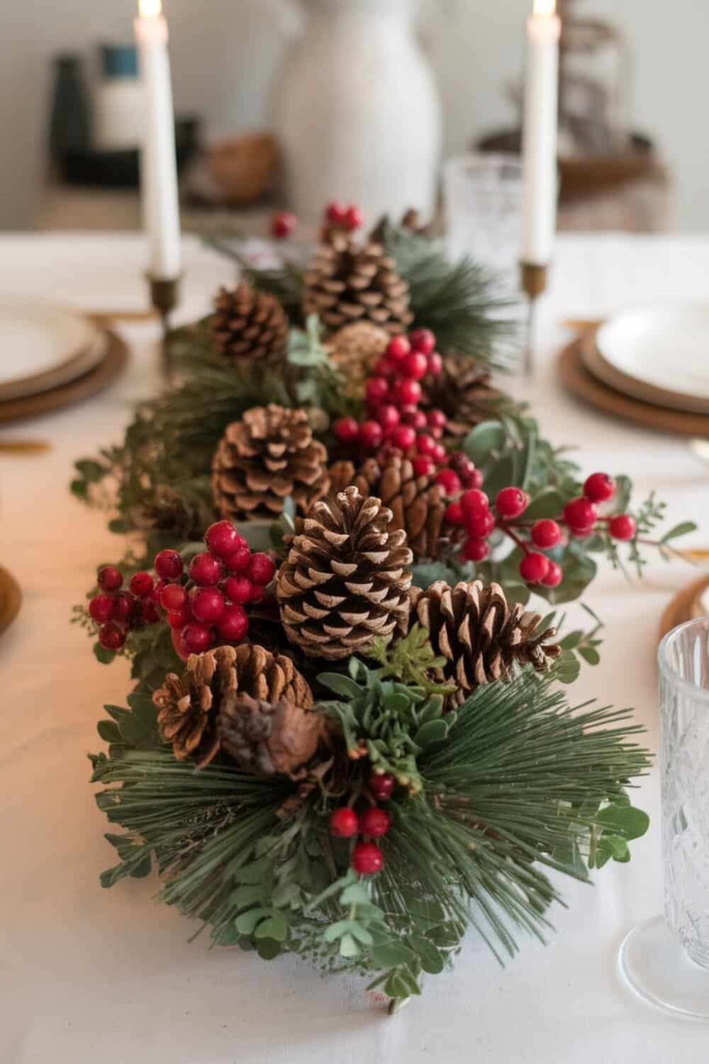 A centerpiece made of pinecones and red berries on a table.