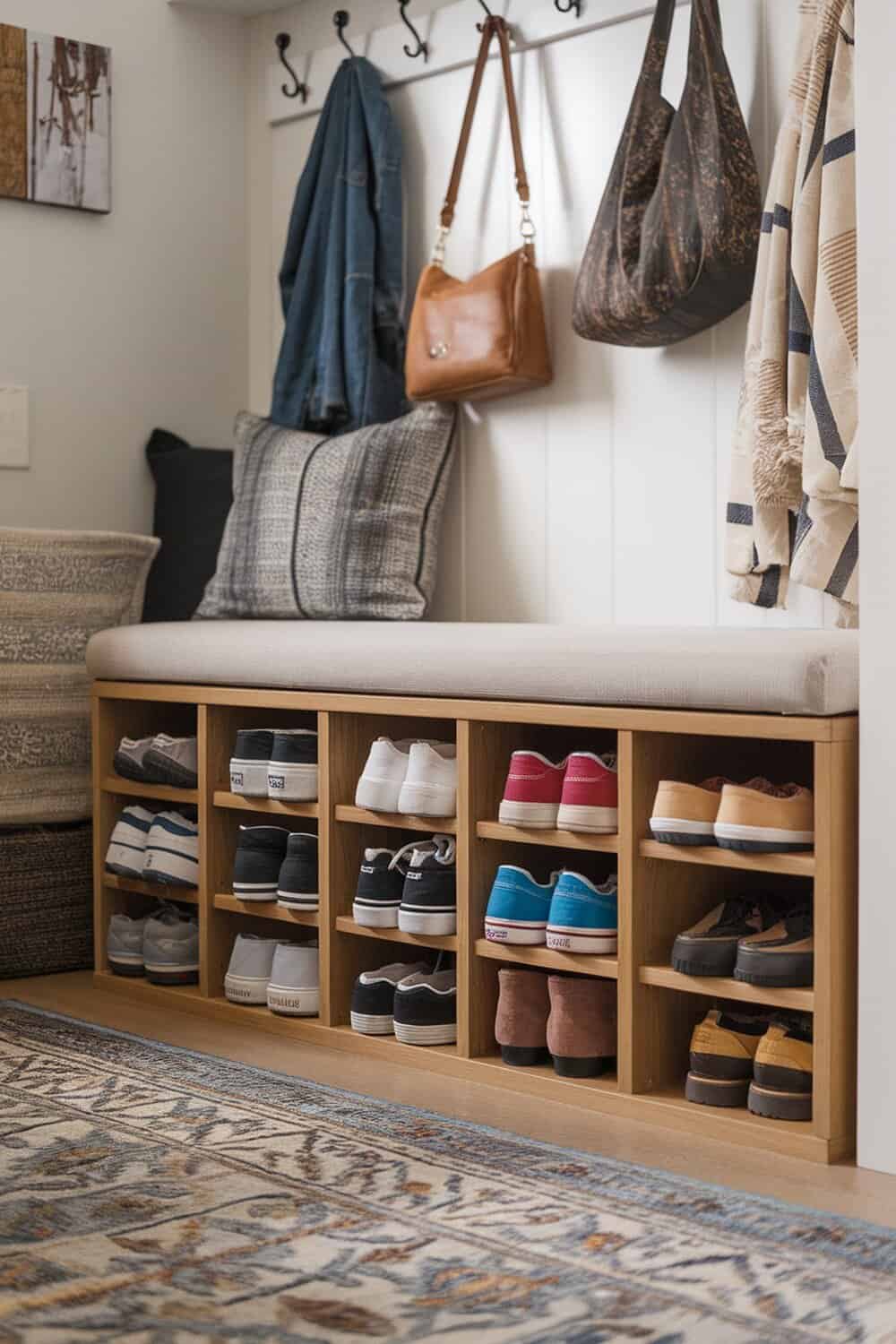 Shoe storage bench with various shoes organized underneath and bags hanging above.