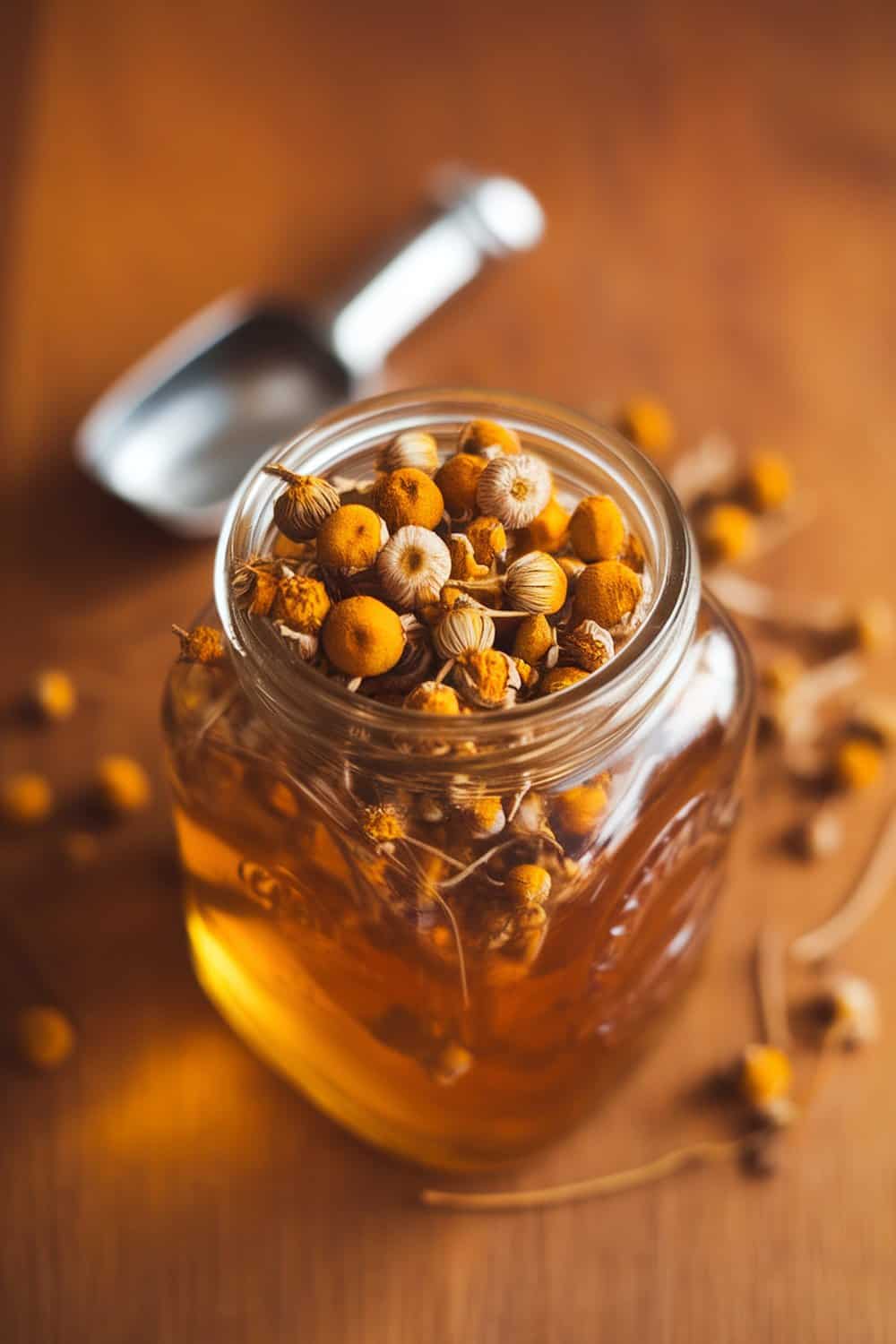 A jar filled with dried chamomile flowers and honey on a wooden surface.