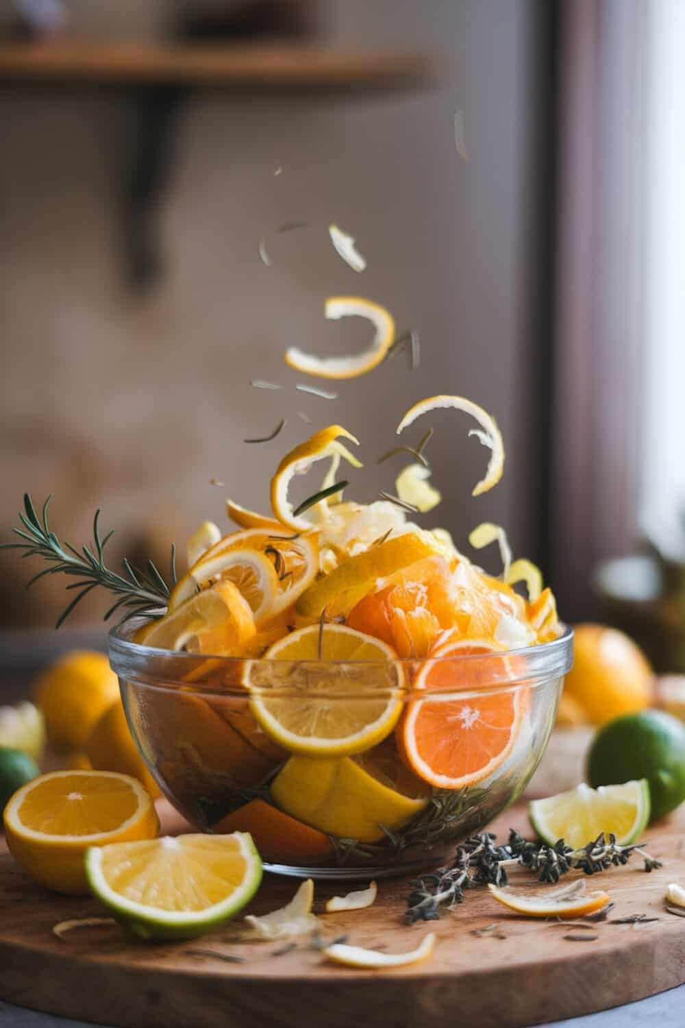 A bowl filled with various citrus peels, including lemon, lime, and orange, surrounded by fresh herbs.