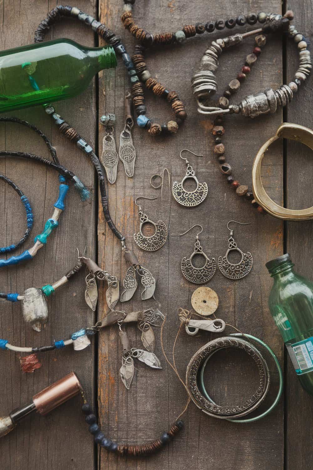 A collection of handmade jewelry made from recycled materials, including necklaces, earrings, and bracelets.
