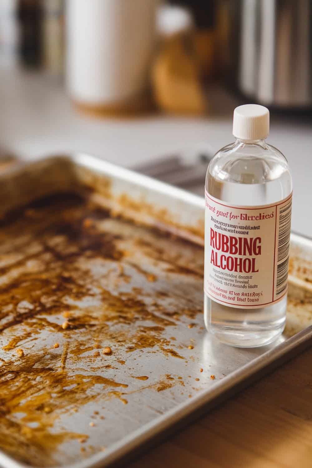 A bottle of rubbing alcohol next to a greasy cookie sheet.
