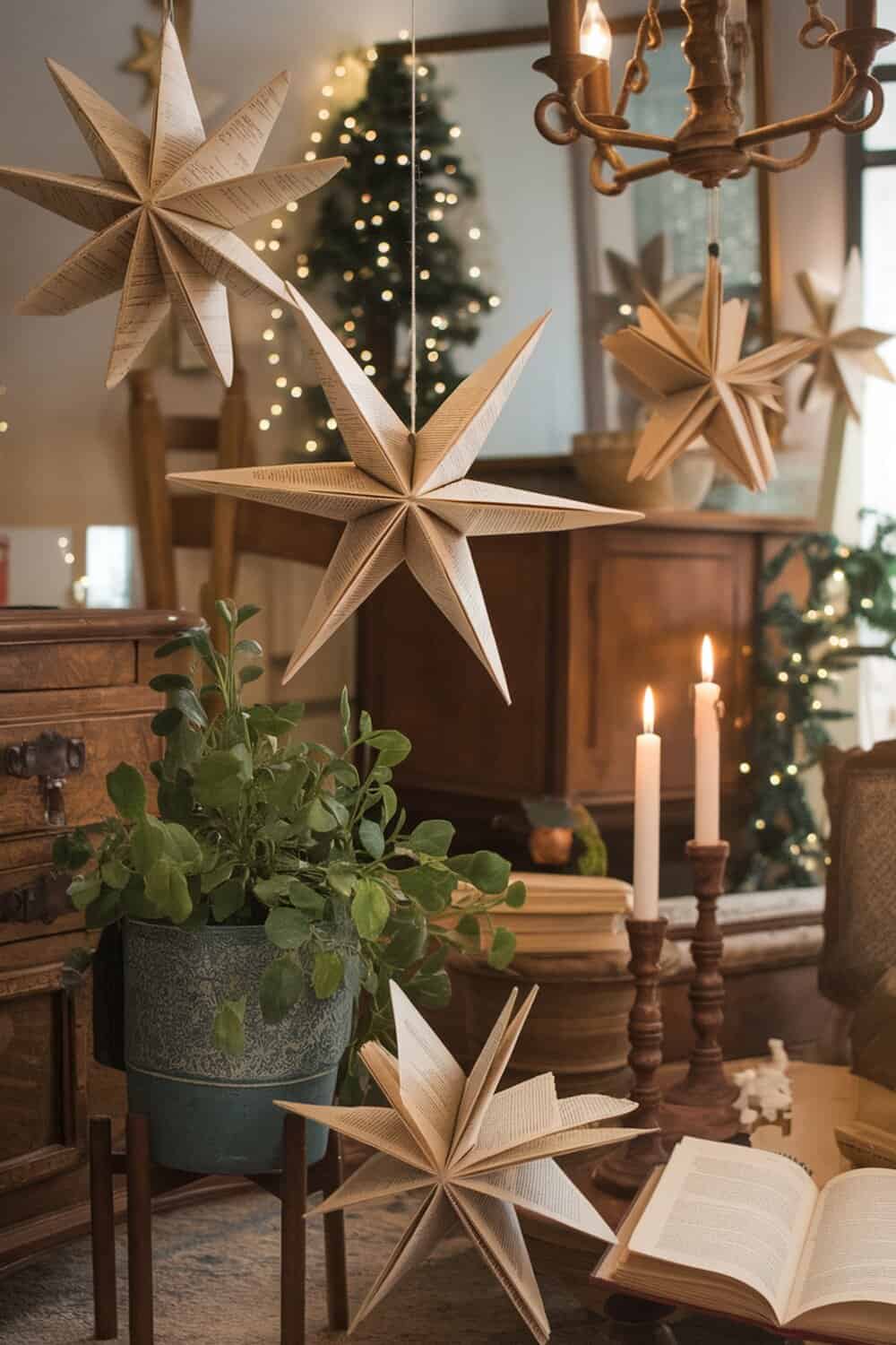Decorative stars made from old book pages hanging in a cozy room