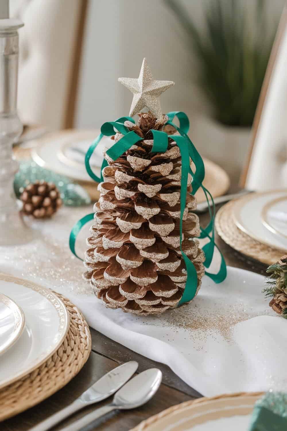 A decorative pine cone tree with a star on top, surrounded by festive table settings.