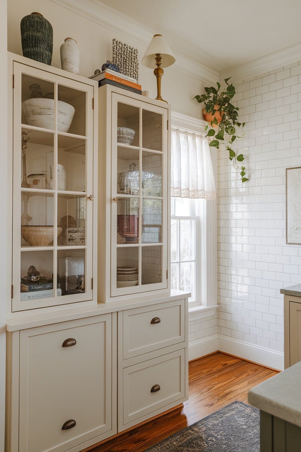 A kitchen with cabinets displaying decorative items and storage above.