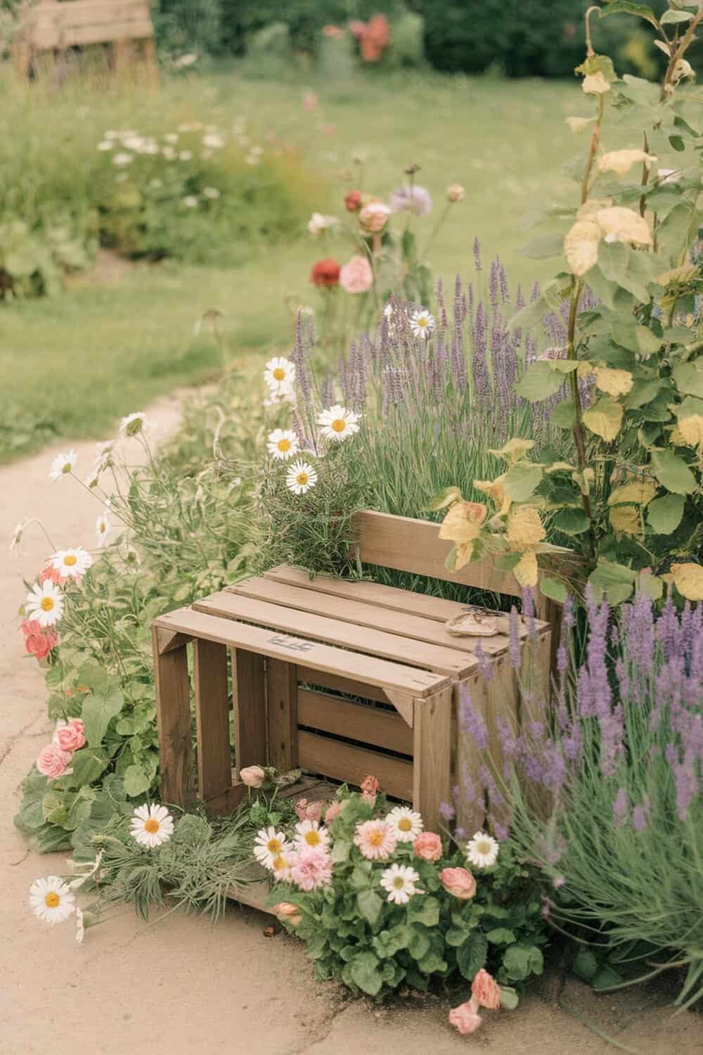 A wooden crate serving as a garden seat surrounded by colorful flowers.