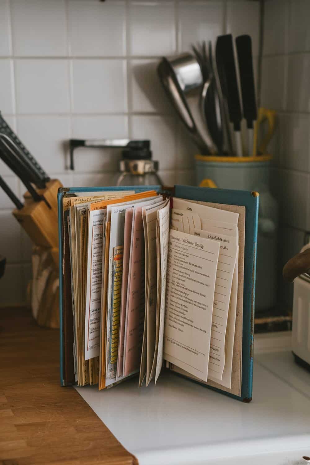 A colorful binder filled with organized recipe pages in a kitchen setting.