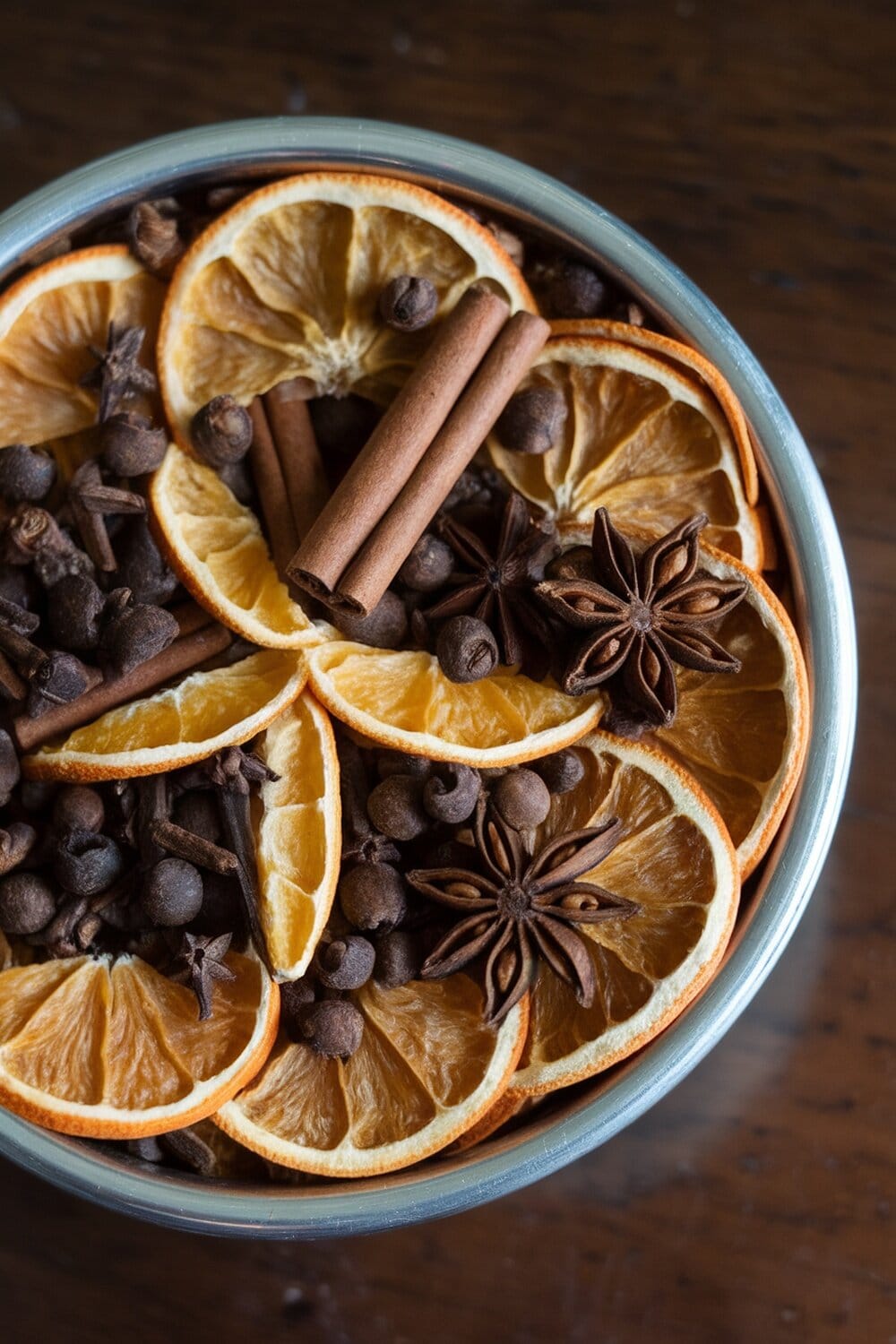 A bowl filled with dried orange slices, cinnamon sticks, and cloves.