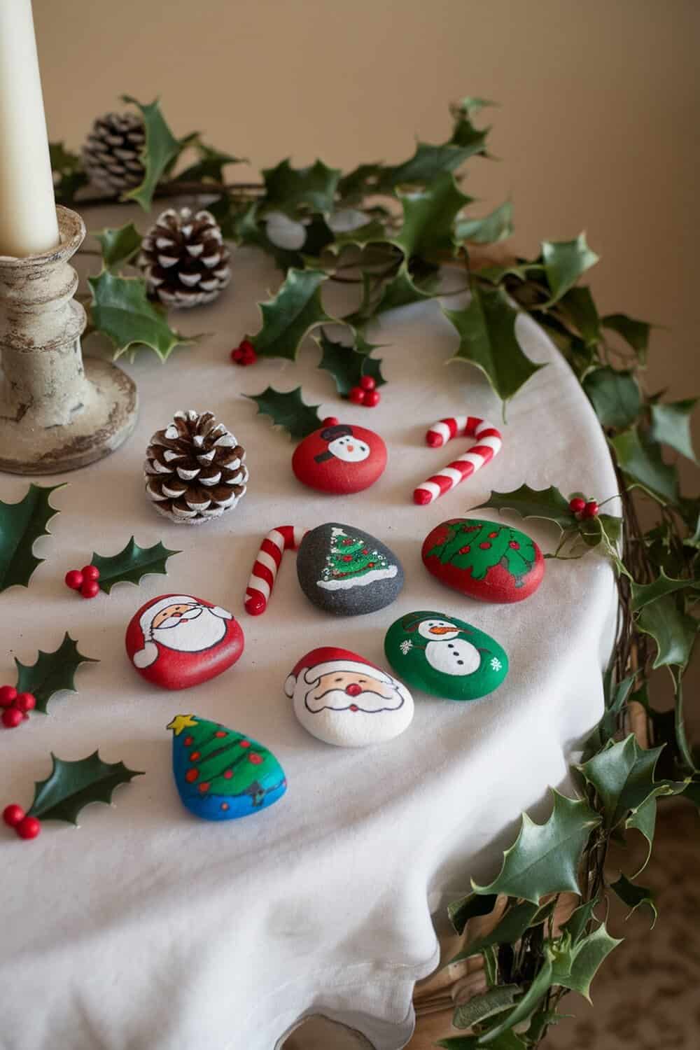 Colorful holiday-themed painted rocks on a table with pinecones and holly.