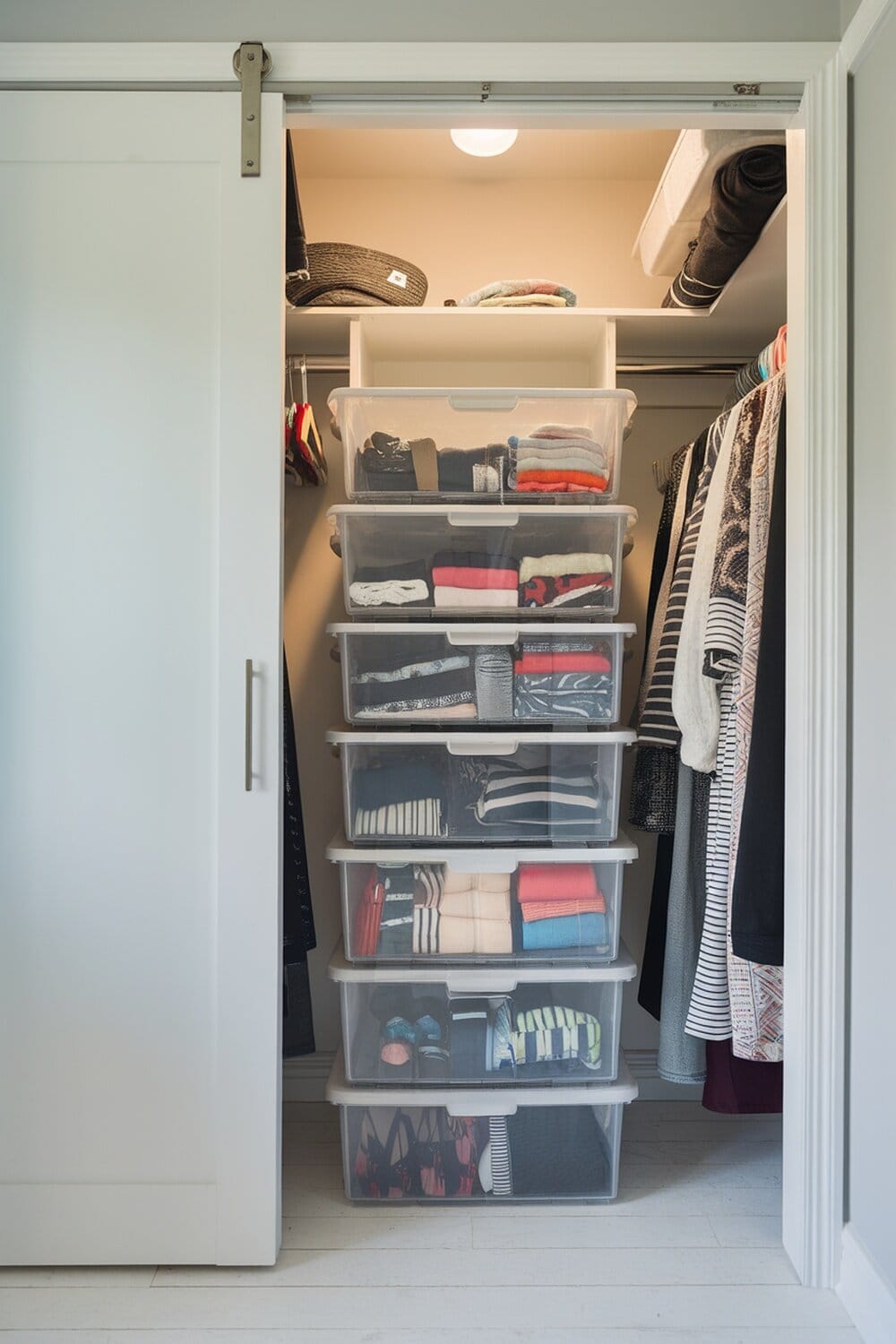 A closet with clear storage bins neatly organized, showing folded clothes.