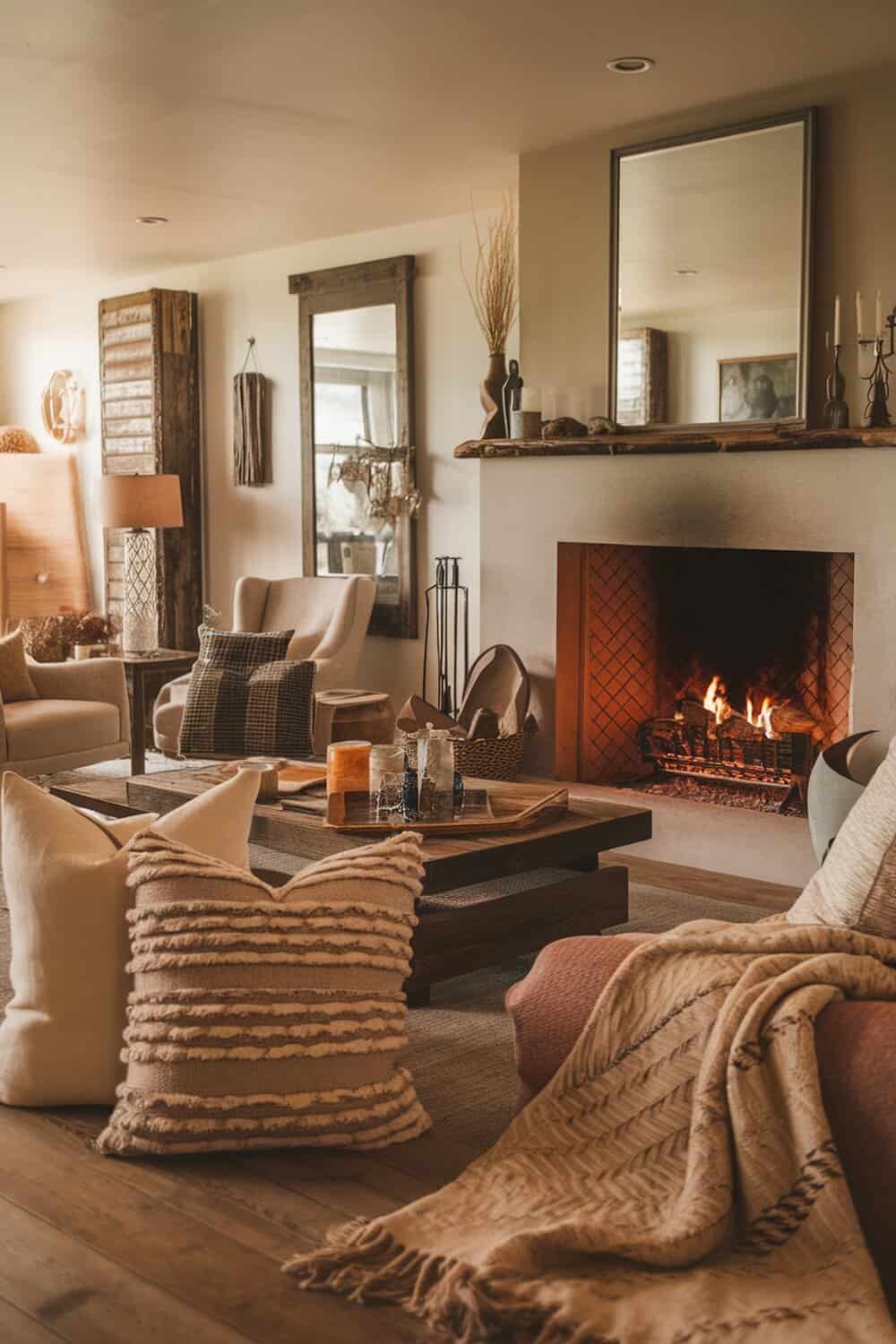 A cozy living room with warm textiles, including pillows and a blanket, near a fireplace.