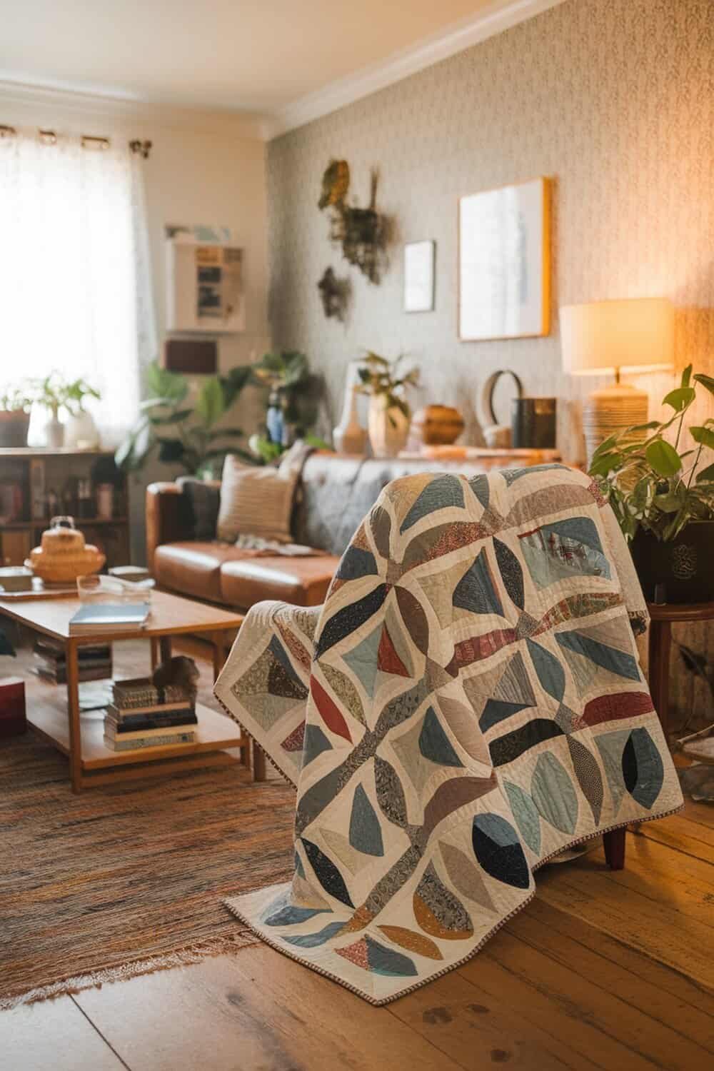 A beautifully crafted quilt draped over a chair in a cozy living room.