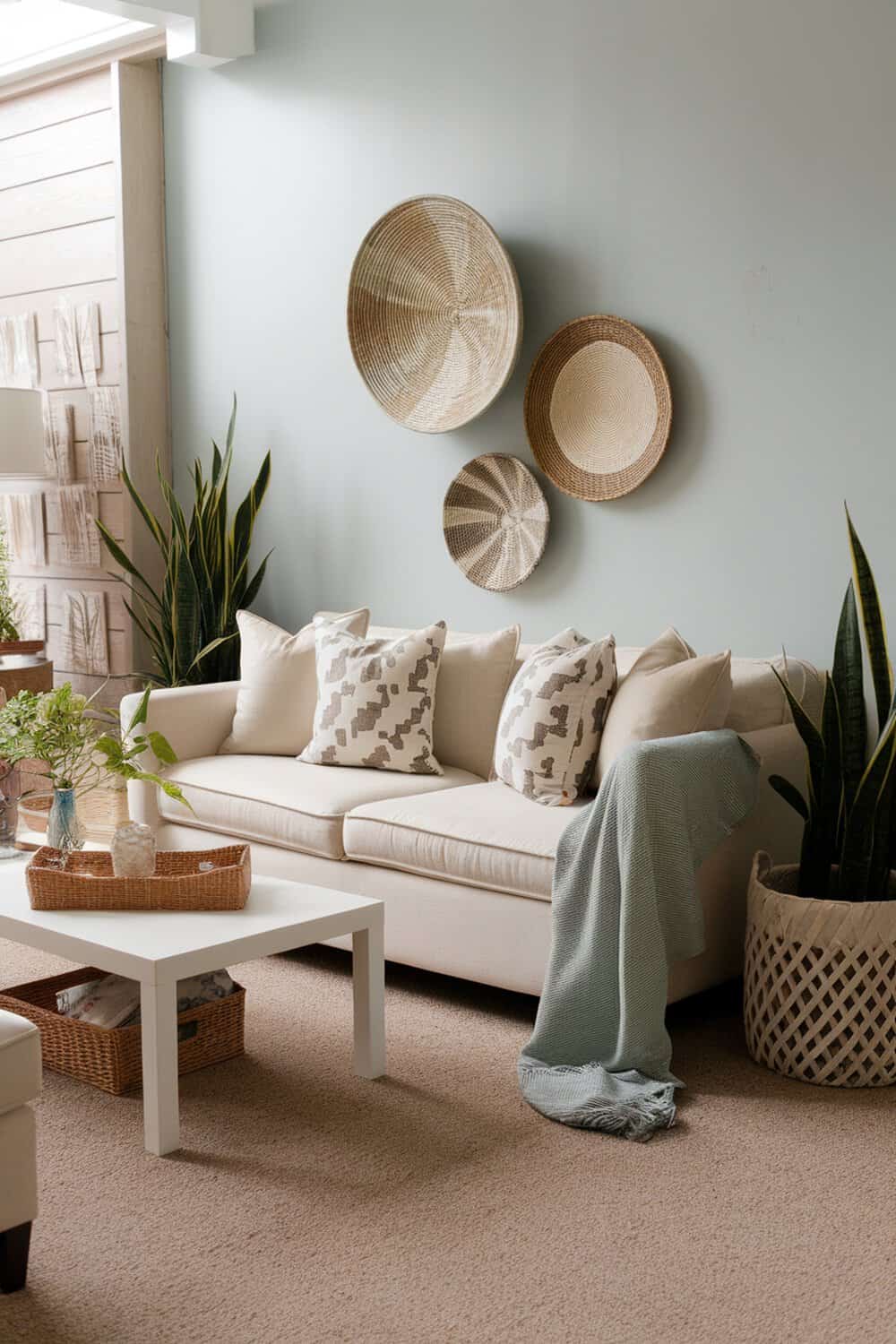 A cozy living room featuring decorative baskets for storage, a comfortable sofa, and plants.