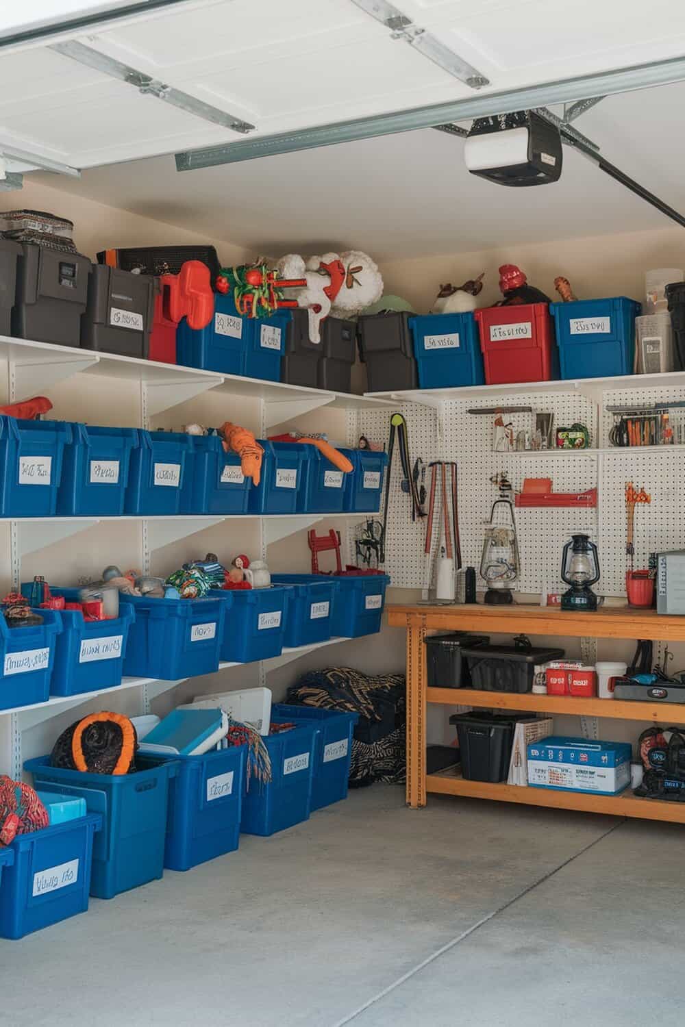 Organized storage system with labeled bins for seasonal decor.