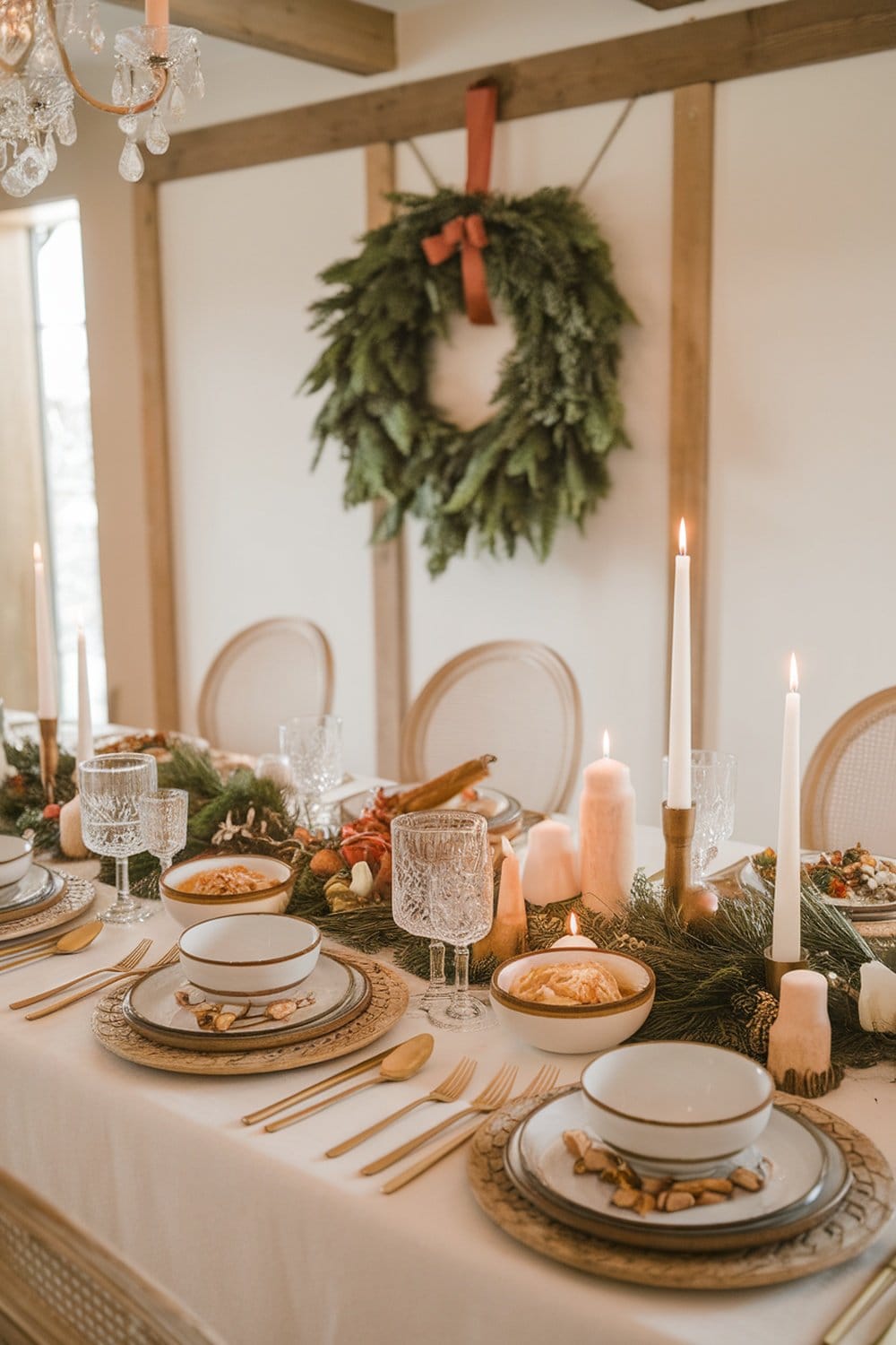 A beautifully set holiday table with candles, greenery, and elegant dishware.
