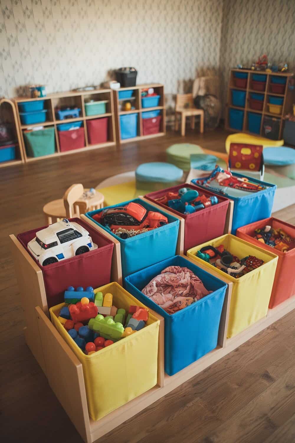 Colorful storage cubes filled with toys in a cozy room.