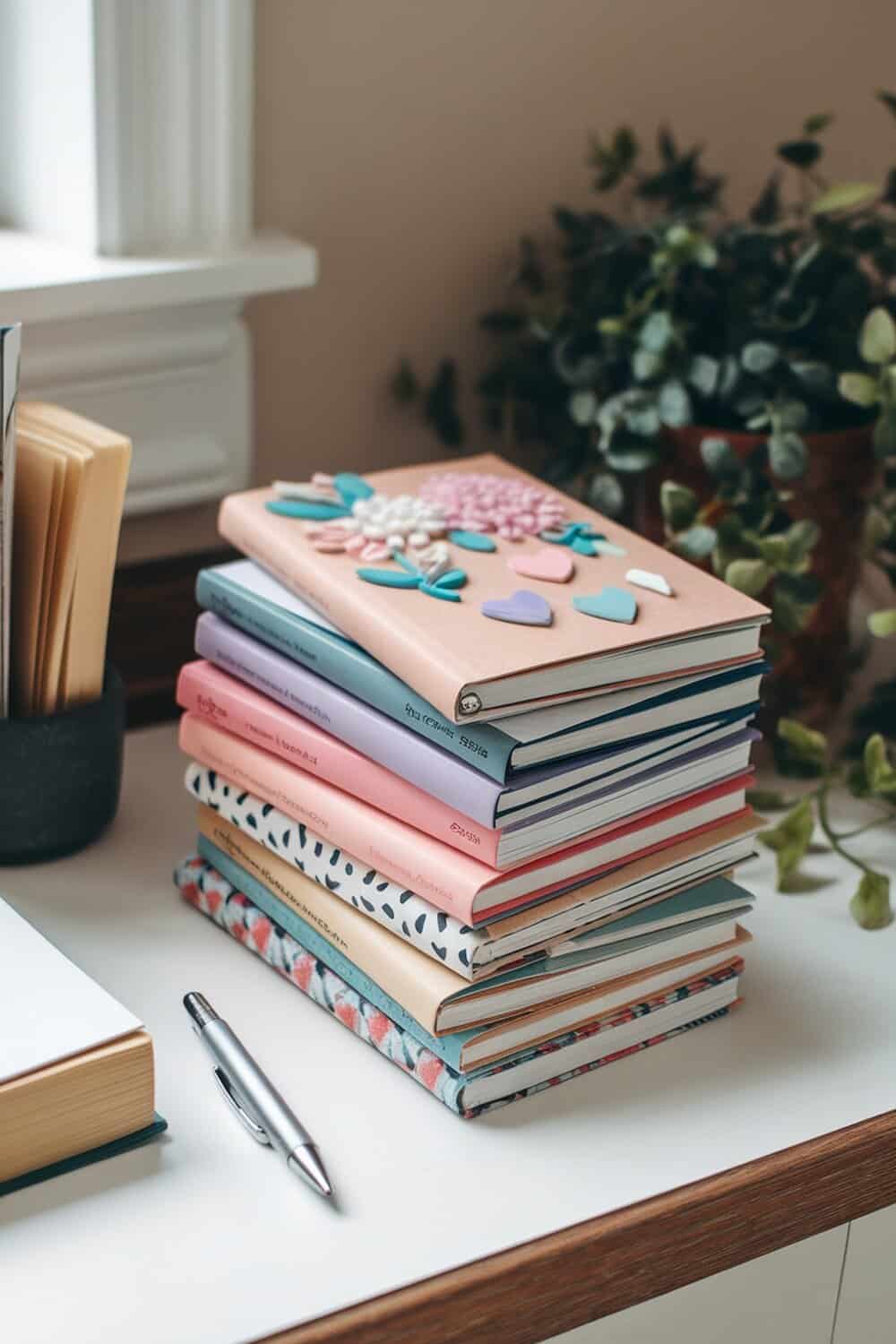 A stack of colorful handmade journals with decorative covers and a pen on a desk.