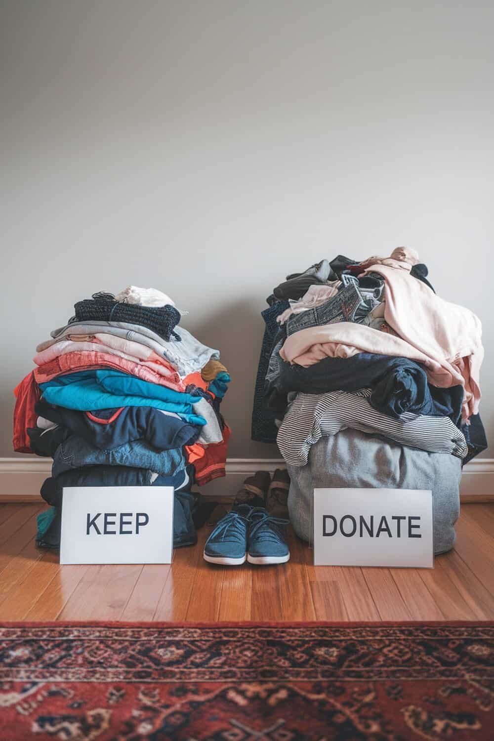 A room with two piles of clothes labeled 'KEEP' and 'DONATE'.