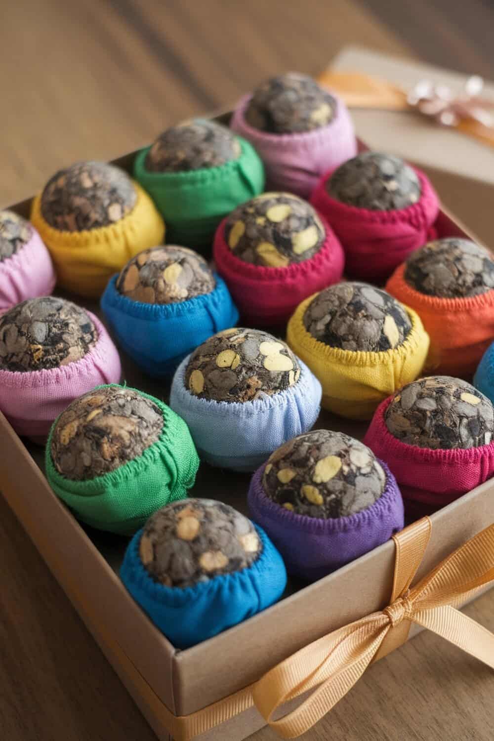 A box of colorful seed bombs made from clay and seeds.