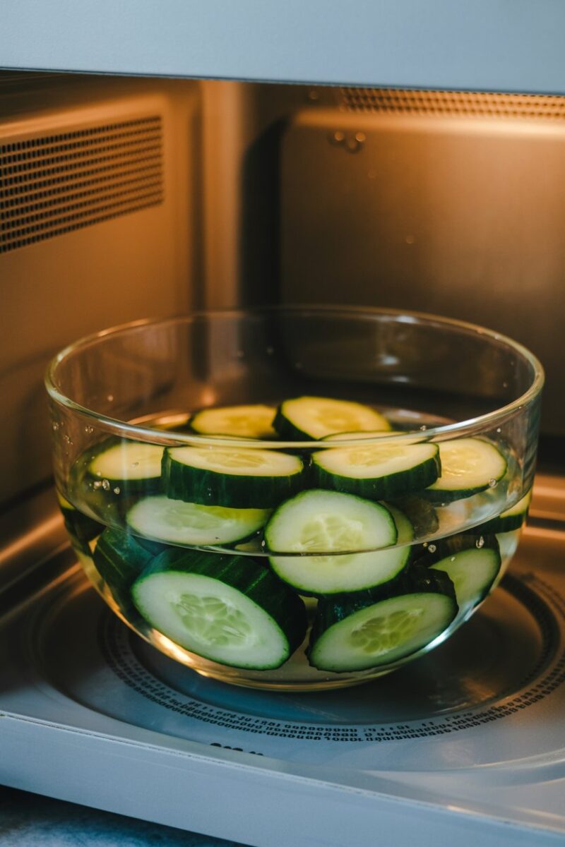 Sliced cucumbers in a bowl of water inside a microwave, steaming.