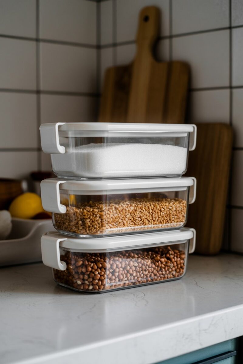 Stackable containers filled with sugar and grains on a kitchen countertop.