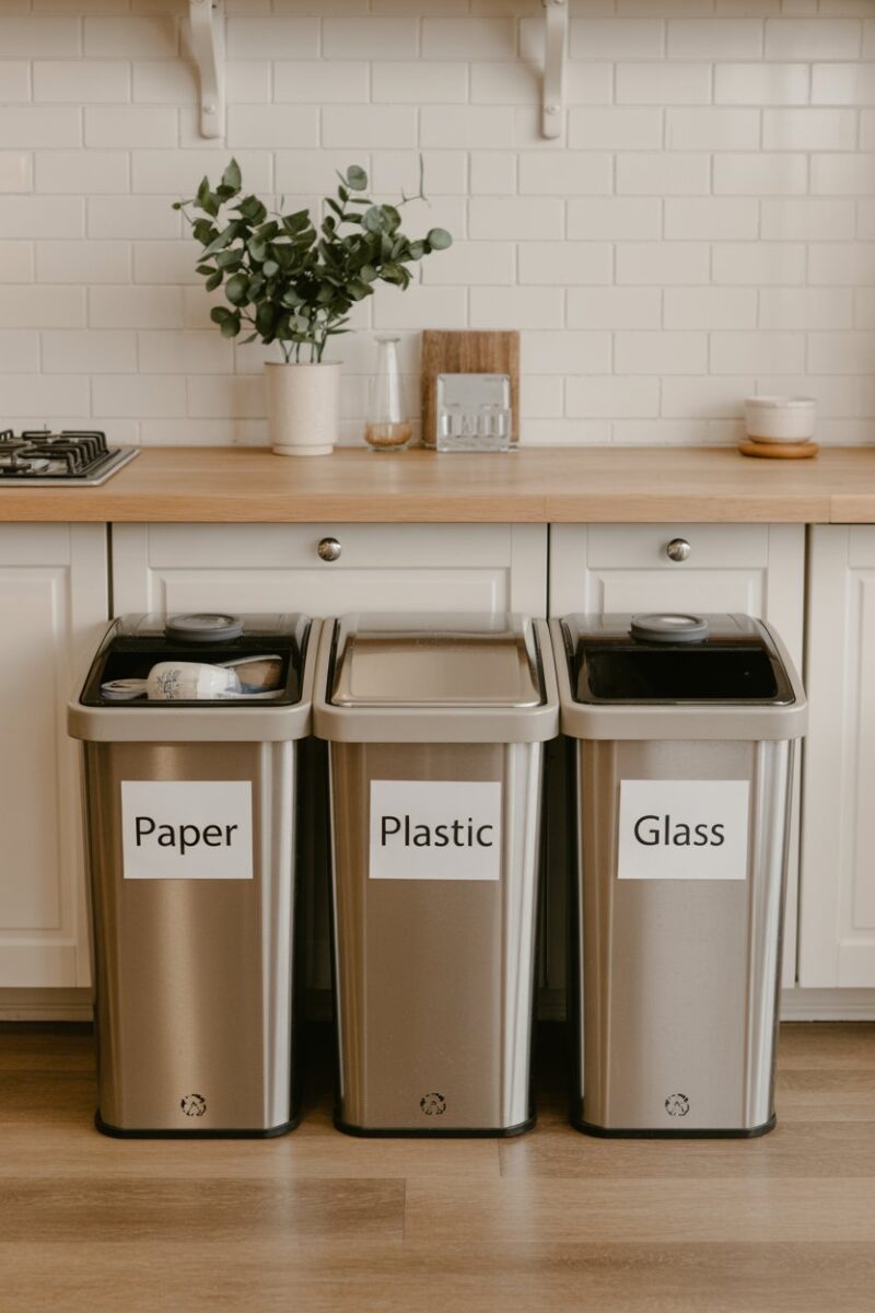 Three labeled recycling bins for paper, plastic, and glass in a kitchen setting.