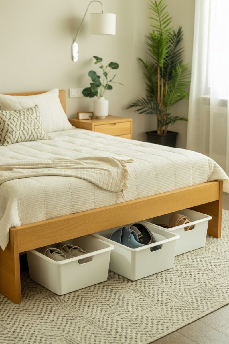 Under-bed storage with white bins and a bed frame.
