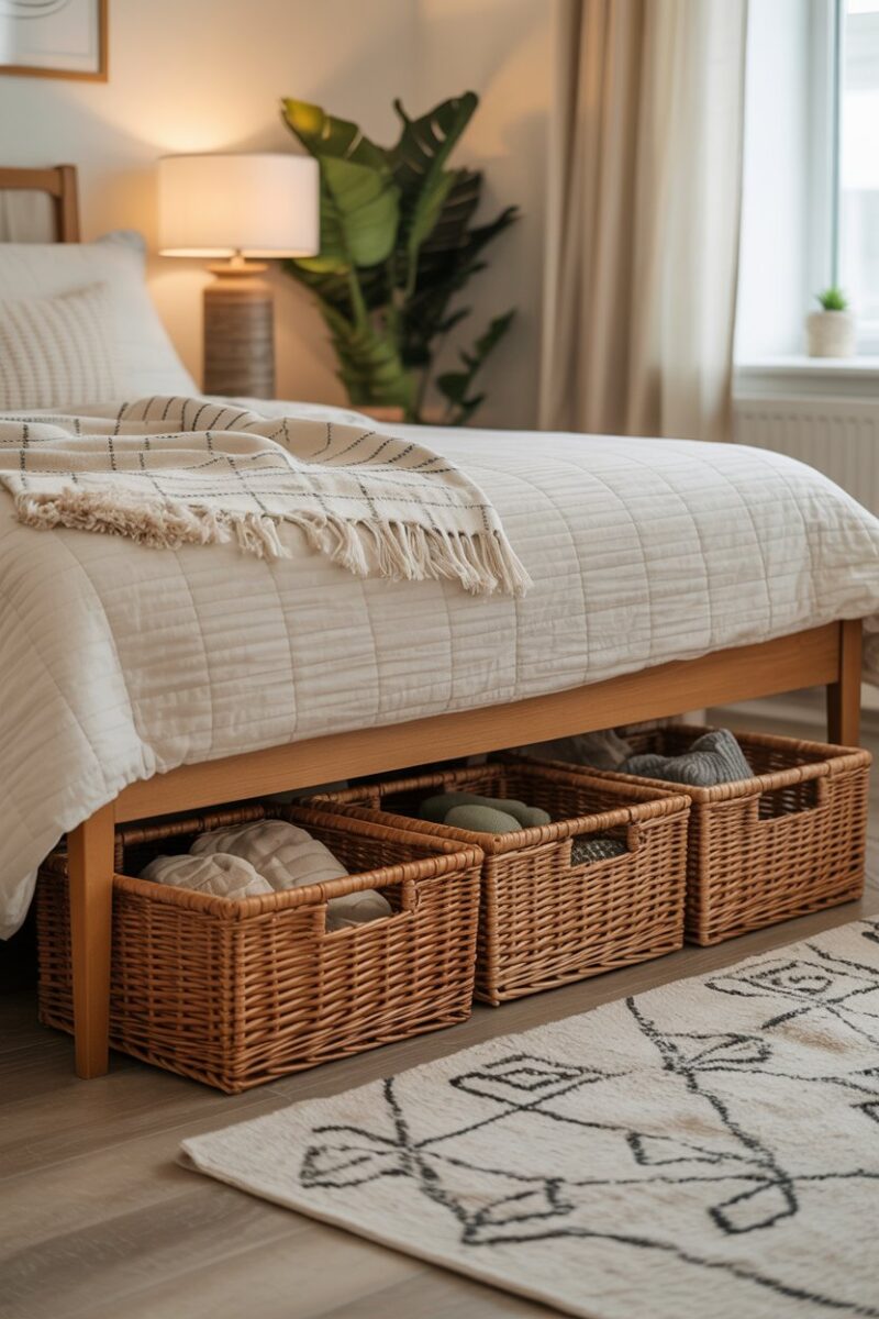 Under-bed storage with woven baskets organized neatly.
