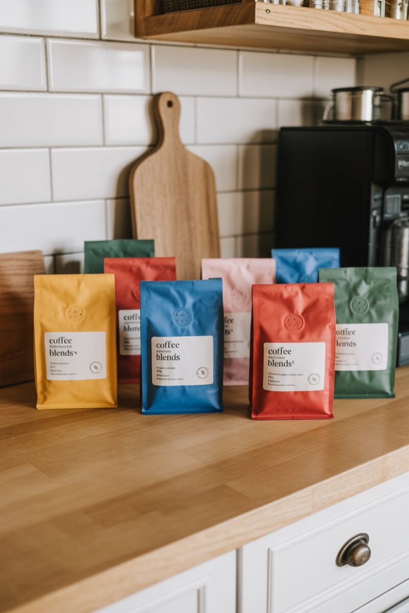 Various colorful bags of custom coffee blends on a kitchen counter