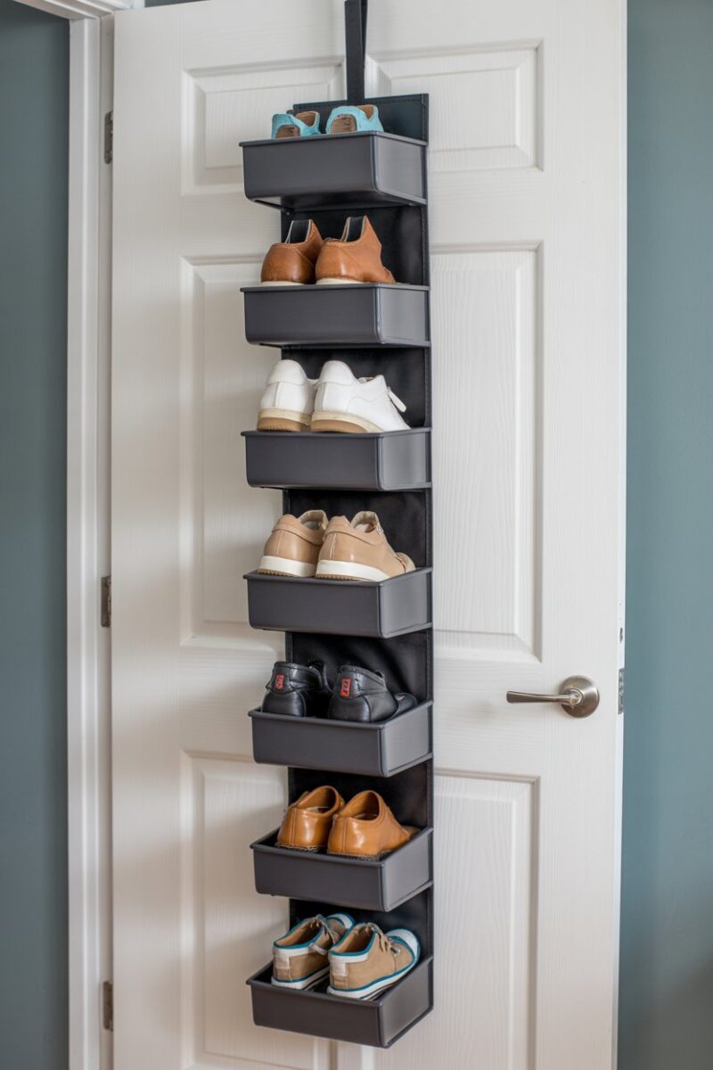 Vertical hanging organizer for shoes on a door.