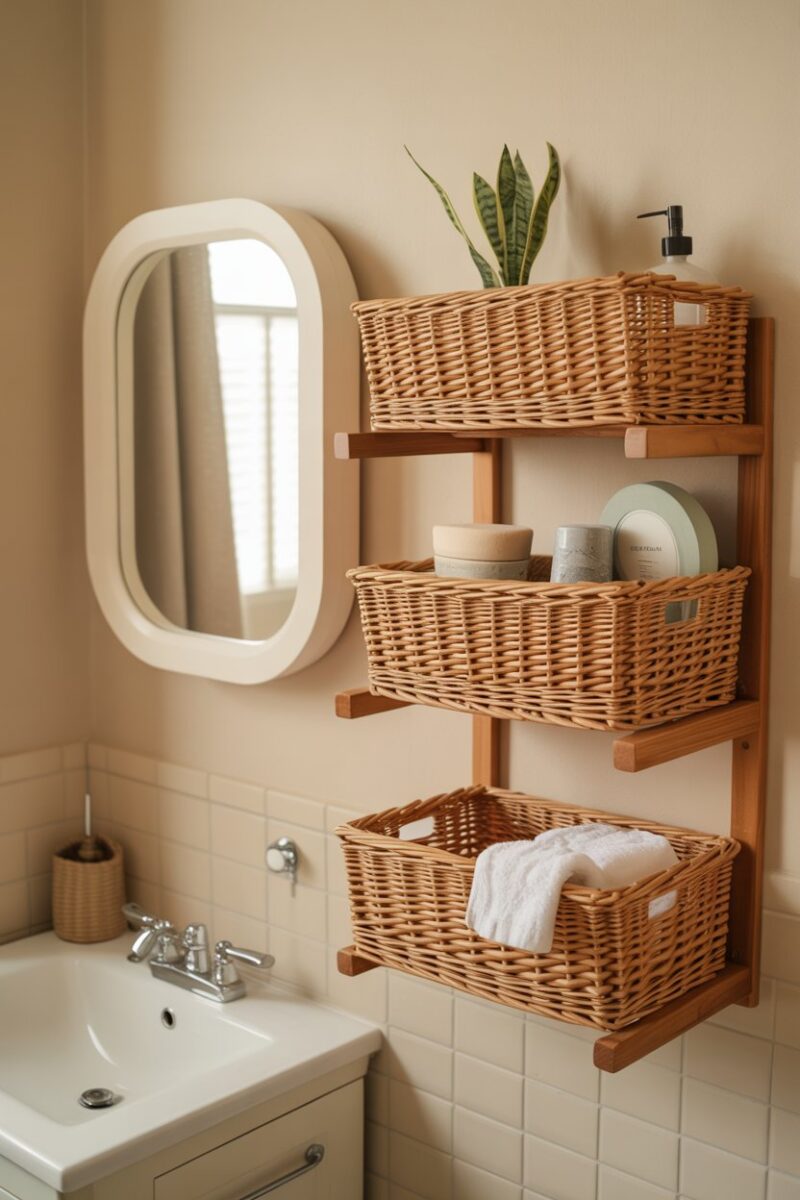 Wall-mounted baskets holding towels and toiletries in a bathroom.