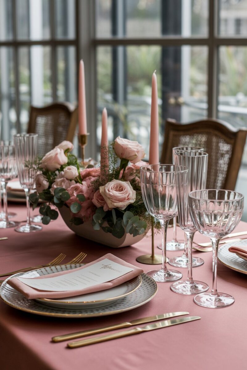 A beautifully set table with a pink tablecloth, floral centerpiece, and elegant glassware.
