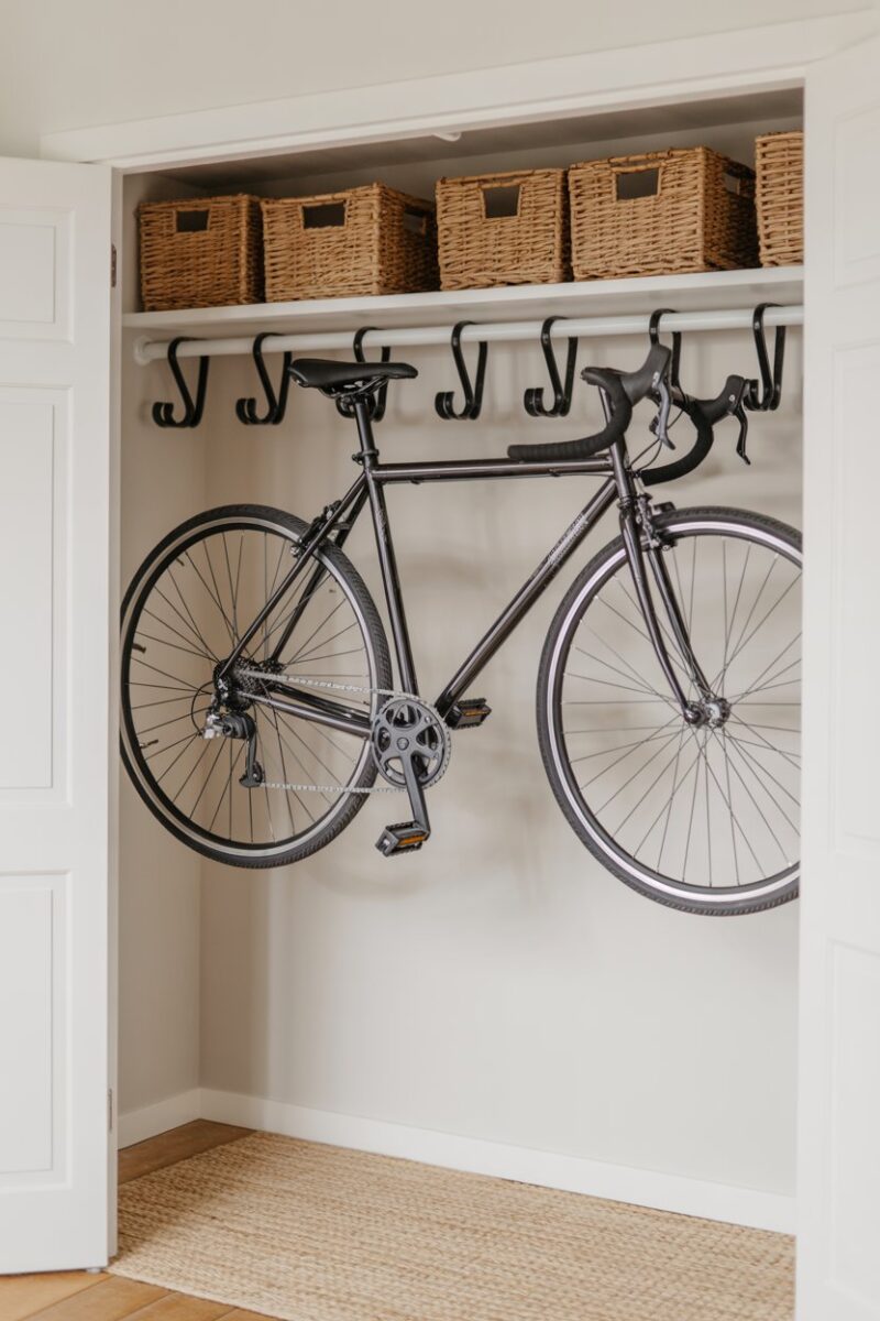 A bike hanging on hooks inside a closet, showcasing organized storage.