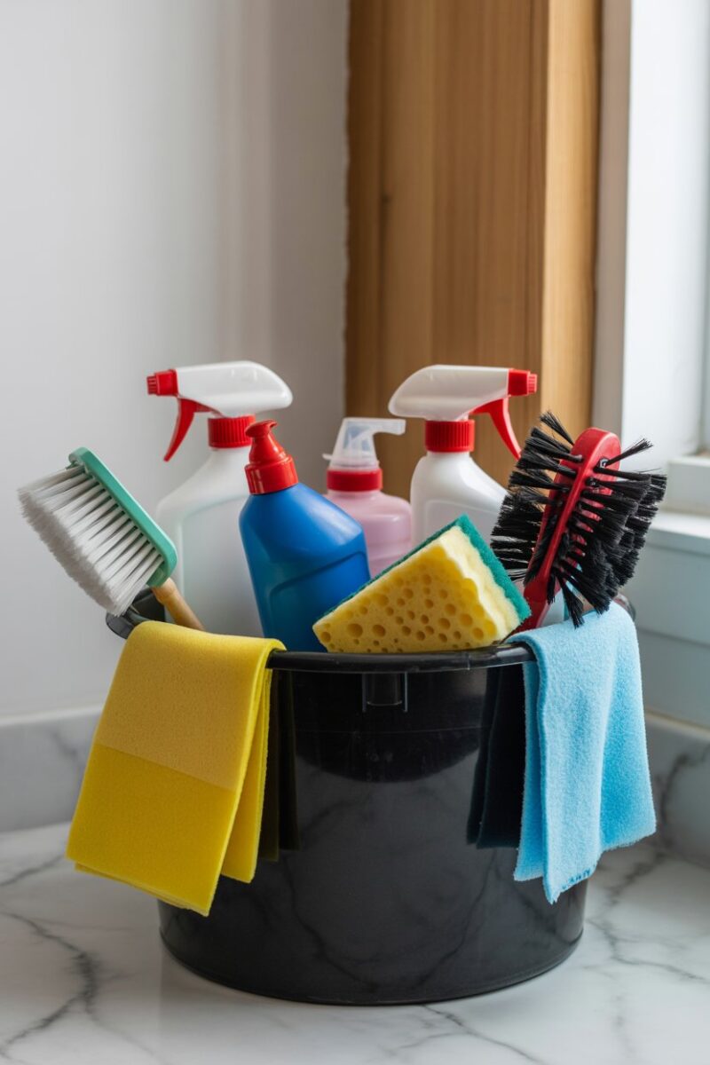 A black bucket filled with various cleaning supplies, including brushes, sponges, and bottles.