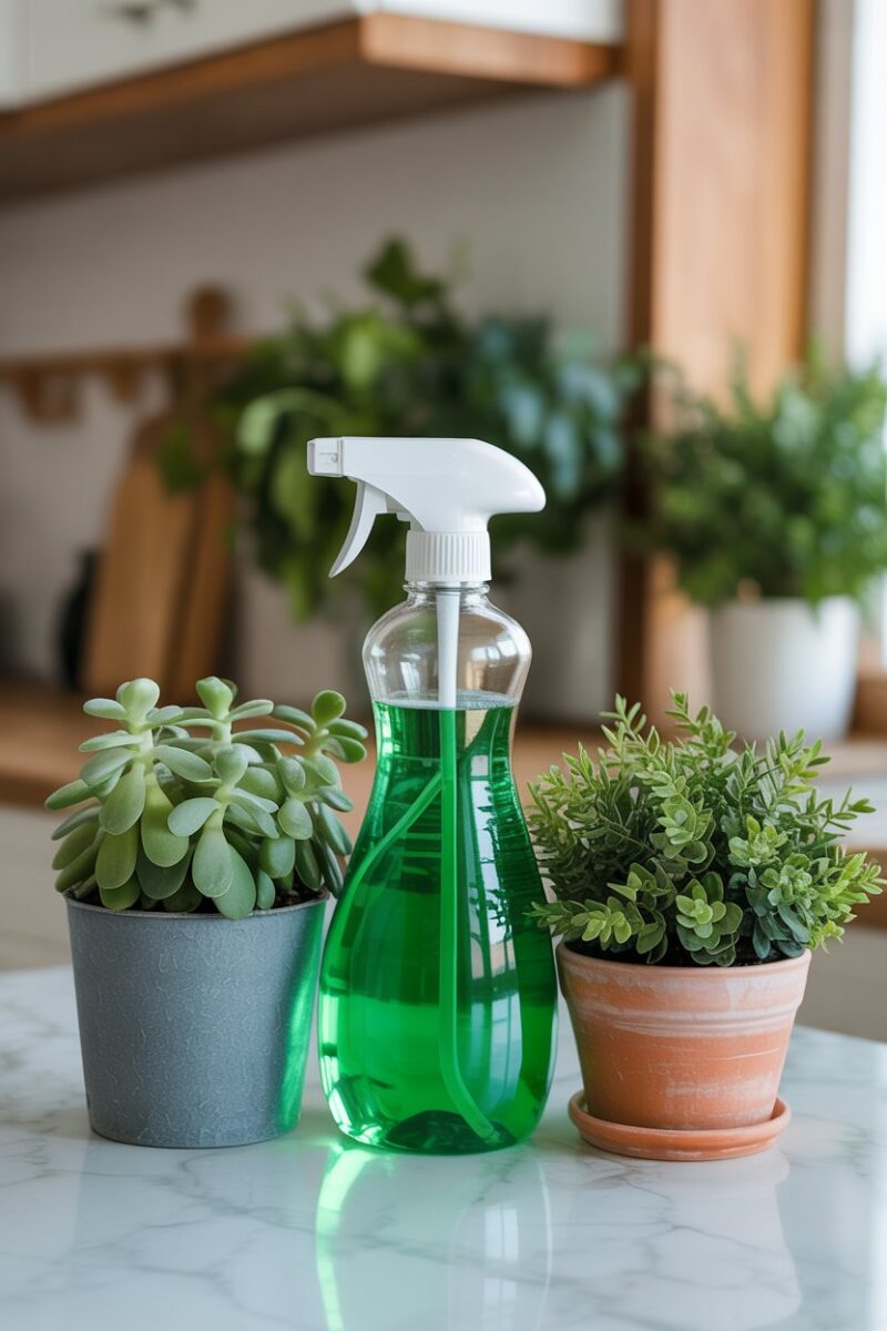 A bottle of green cleaning product surrounded by plants on a kitchen counter.