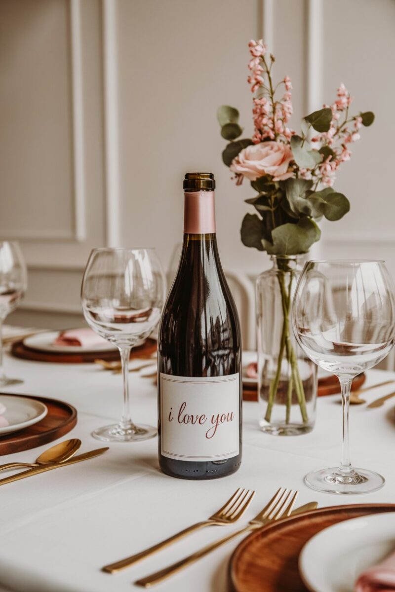 A bottle of wine with a personalized label on a beautifully set table.