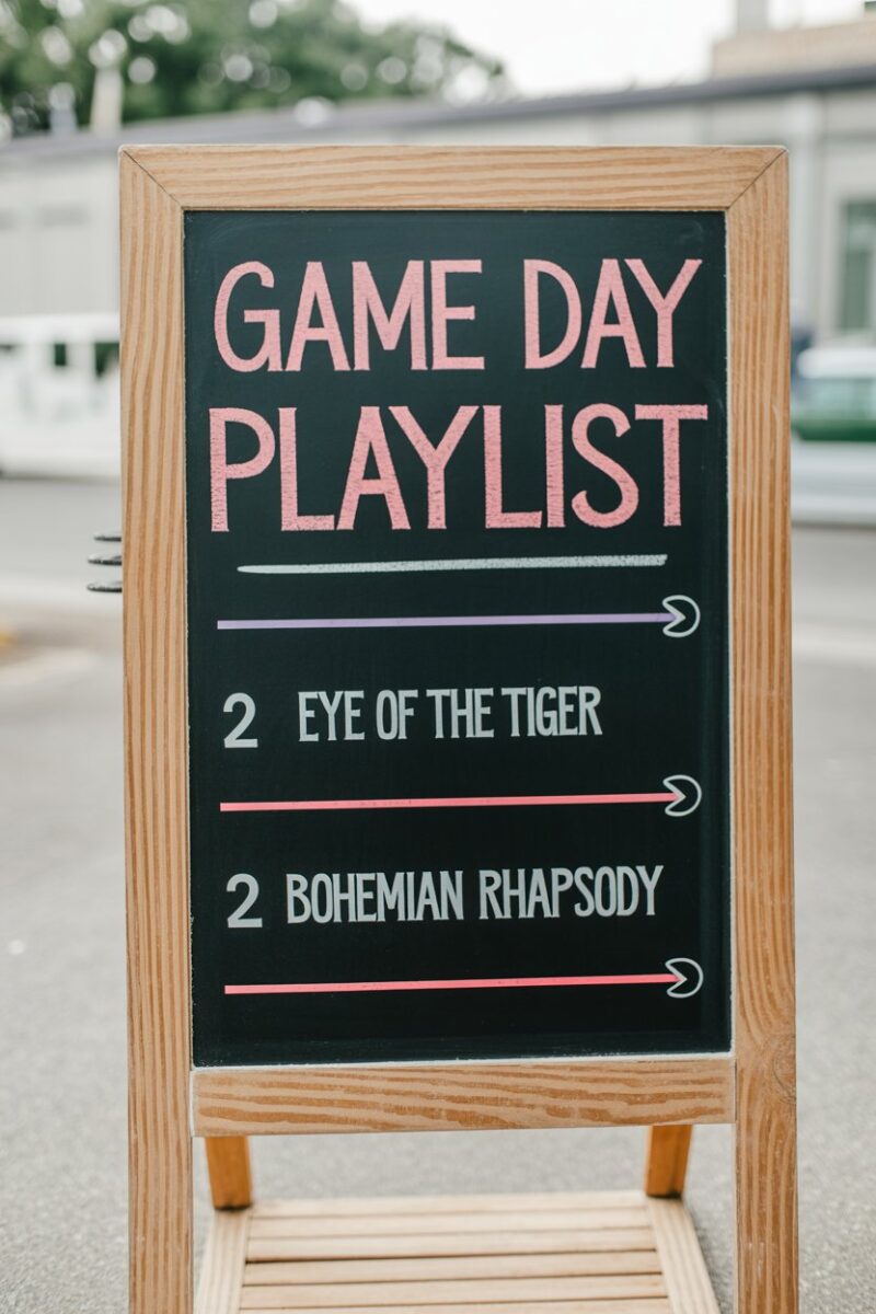 A chalkboard sign displaying a game day playlist with songs like 'Eye of the Tiger' and 'Bohemian Rhapsody'.