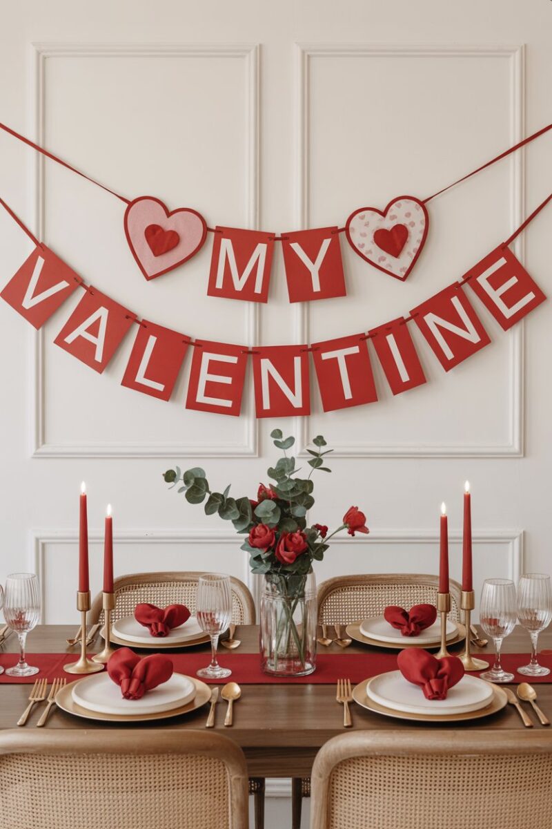 A chic Valentine's Day banner with hearts and letters, set in a beautifully decorated dining space.