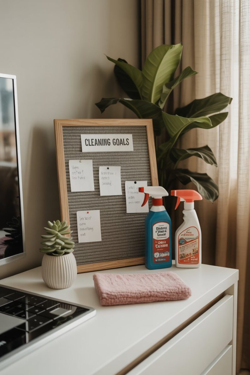 A cleaning goals board with various cleaning supplies and a plant in a cozy setting.